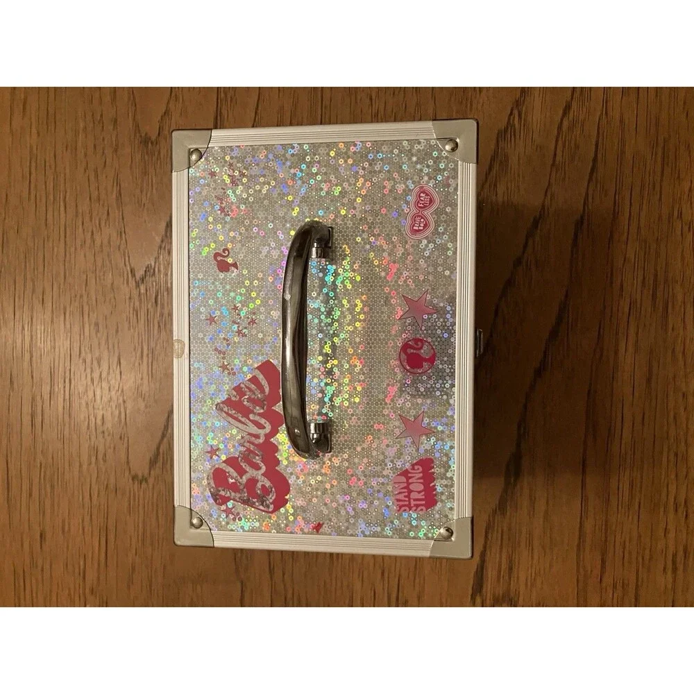 Barbie Metal Jewelry Box Silver/Pink Rectangular Carry Case w/ Handle Latch